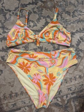 SHEIN Yellow Orange Pink Floral Tie-Front Bikini Set
